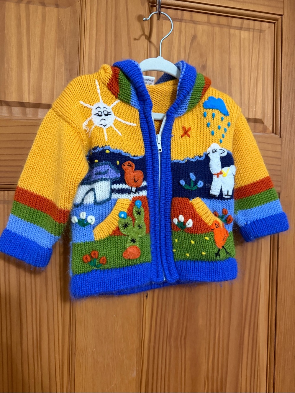 Handmade in Peru Knit Llama Cactus Colorful Kids Zip Hooded Cardigan